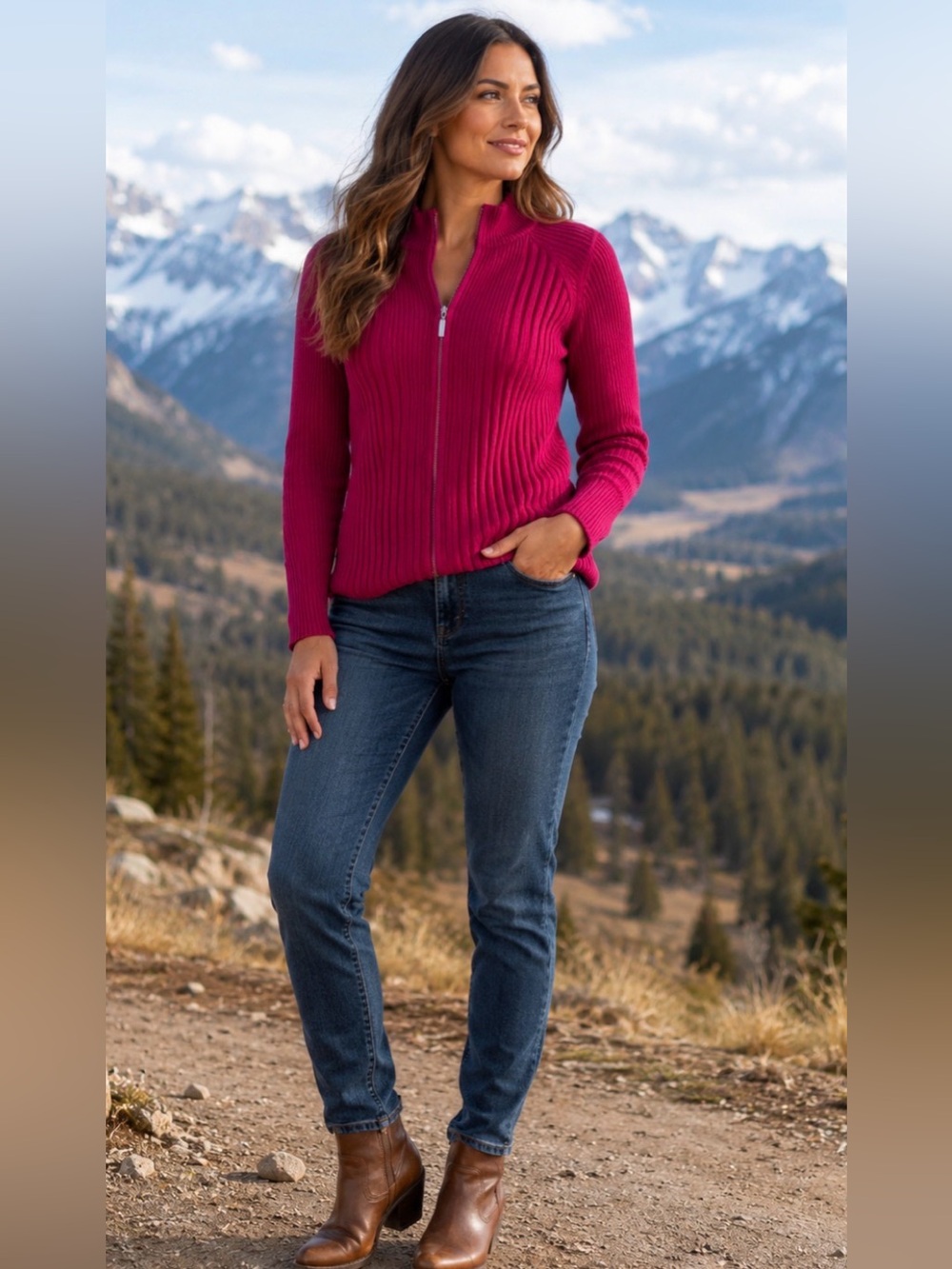 Bandolino Fuchsia Ribbed Zip-Front Sweater Jacket